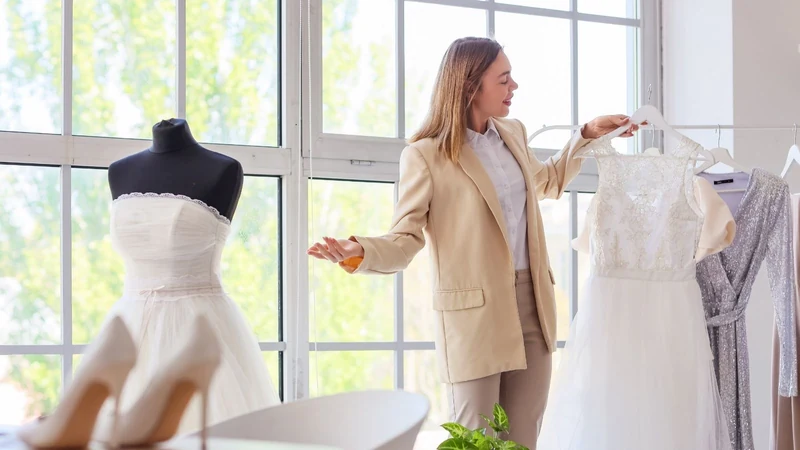 A bridal consultant holding a lace wedding dress next to a mannequin