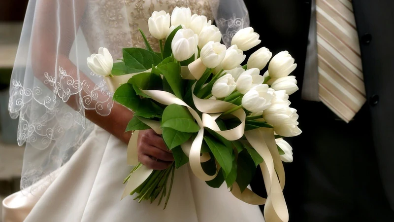 A bridal bouquet of white tulips tied with cream ribbon